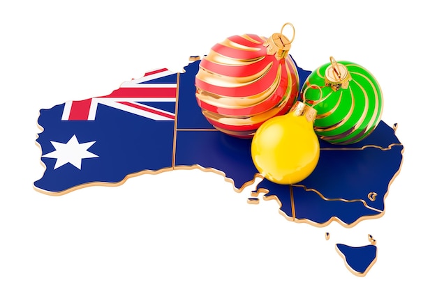 Carte australienne avec des boules de Noël colorées Concept de vacances du Nouvel An et de Noël Rendering 3D