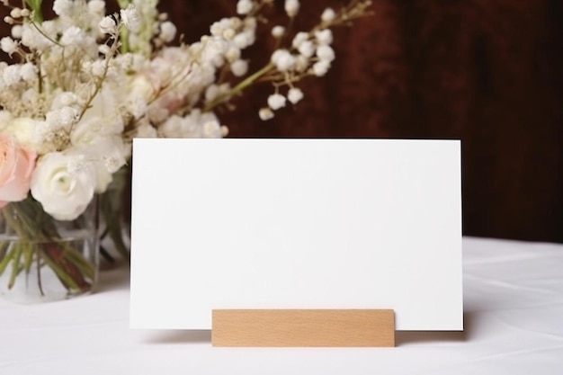 une carte blanche assise au sommet d'une table à côté d'un vase de fleurs