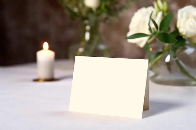 Photo une carte blanche assise au sommet d'une table à côté d'un vase de fleurs