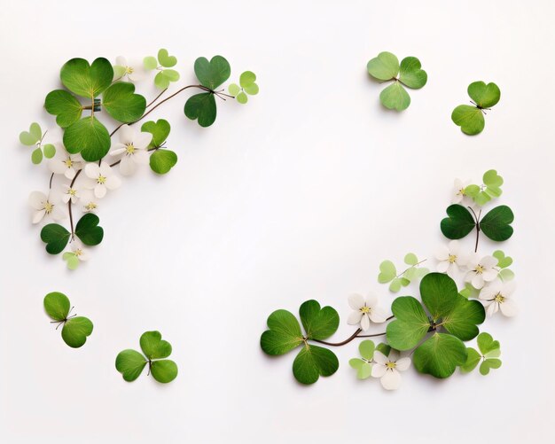 Une carte blanche blanche avec un espace pour son propre contenu représentait un trèfle sur des fleurs vertes blanches vives Le trèfle vert à quatre feuilles est le symbole du jour de Saint-Patrick