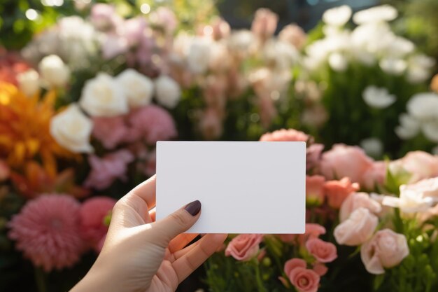 Photo carte blanche dans les mains avec des roses en fleurs en arrière-plan