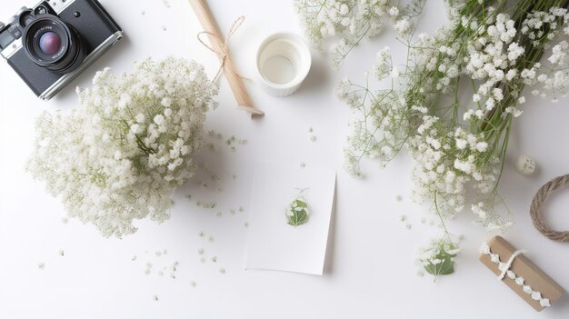 Une carte blanche avec du gypsophile dessus et une carte avec une photo de muguet dessus.