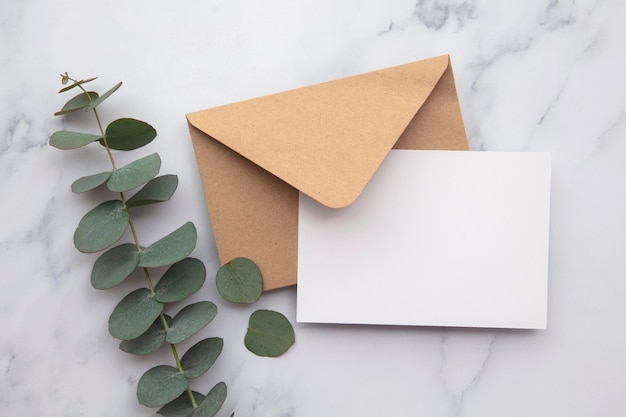 Une carte blanche et une enveloppe avec des feuilles d'eucalyptus.