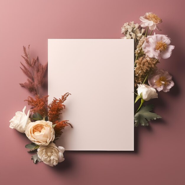 Carte blanche avec des fleurs autour sur un fond de couleur Misty Rose