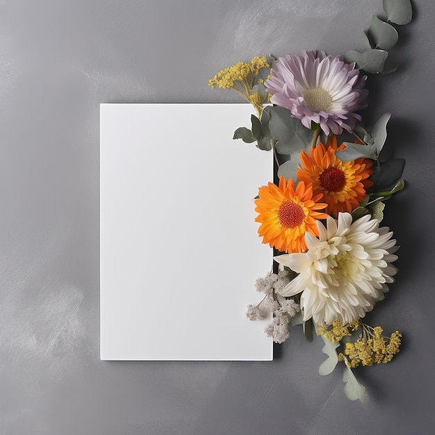 Carte blanche avec des fleurs autour sur un fond gris foncé
