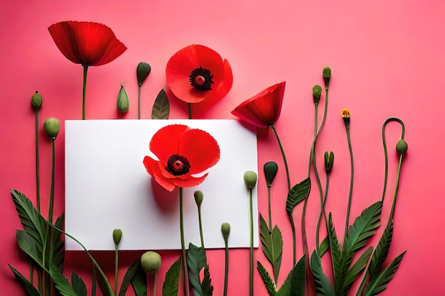 Une carte blanche avec des fleurs rouges dessus et une fleur rouge à droite