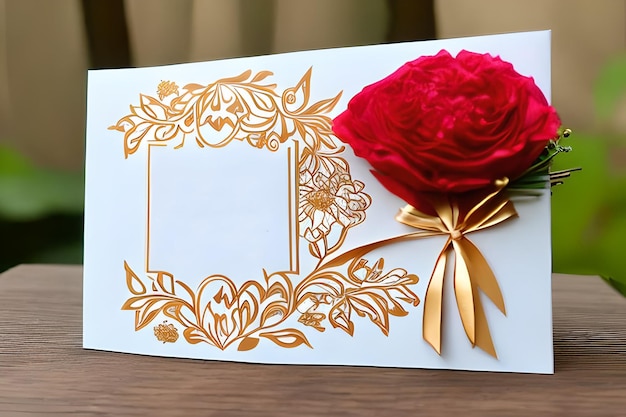 Une carte blanche avec une rose rouge dessus et un nœud doré sur le dessus.