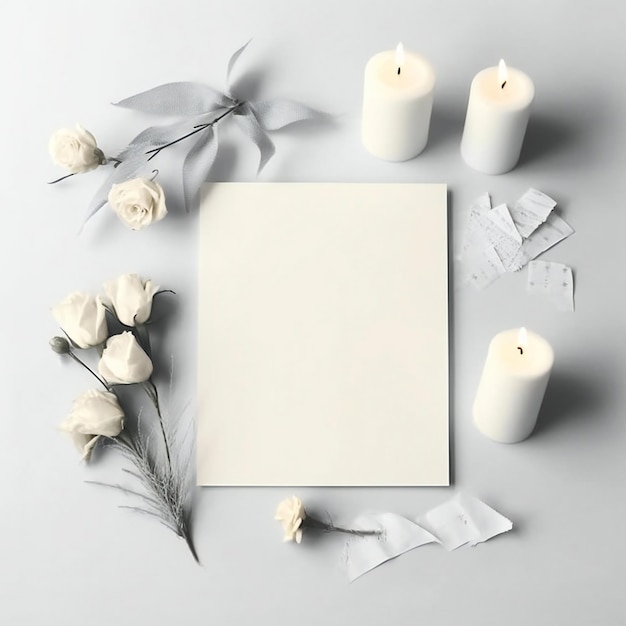 Une carte blanche avec des roses blanches et une carte blanche dessus.