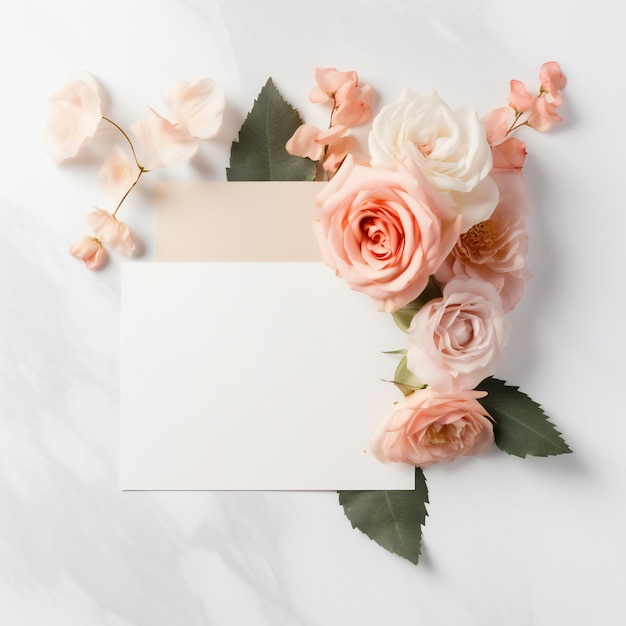 Une carte blanche avec des roses roses et une carte qui dit "merci".