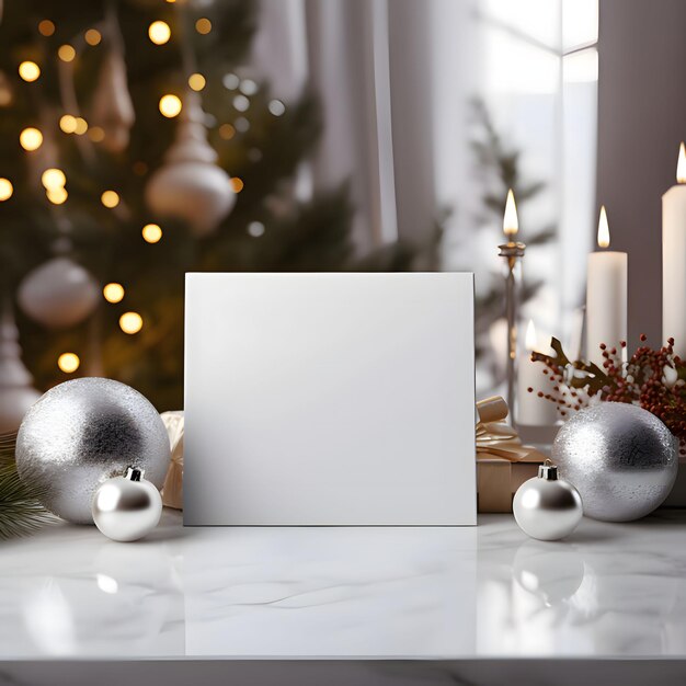 Carte blanche tout autour boules bougies sur une table en marbre dessus arbre de Noël à l'arrière-plan carte de Noël comme un symbole du souvenir de la naissance du sauveur