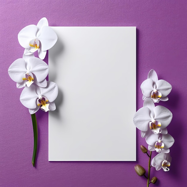 Carte blanche vierge avec des fleurs autour sur un fond de couleur orchidée moyenne