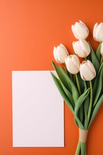 Carte blanche vierge sur fond orange avec des tulipes carte postale AI générative
