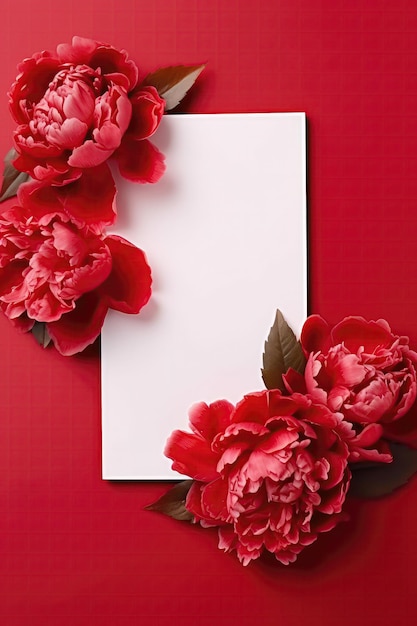 Carte blanche vierge sur fond rouge avec pivoines carte postale AI générative