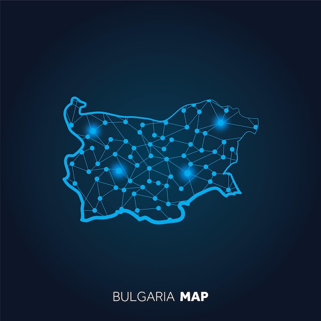 Carte de la Bulgarie réalisée avec des lignes connectées et des points lumineux