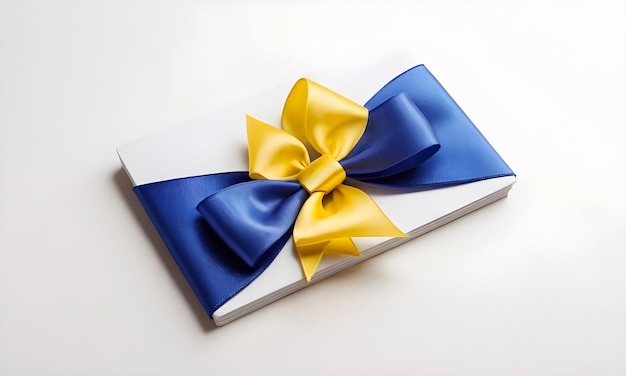 Carte cadeau blanche blanche avec un nœud de ruban bleu isolé sur le fond avec une ombre conceptuelle minimale