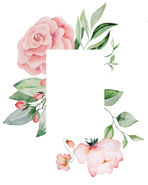 Carte de cadre aquarelle fleurs roses et feuilles vertes, illustration pastel romantique pour mariage stationnaire, salutations, papier peint, mode, affiches