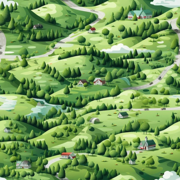 Photo carte de campagne très détaillée avec des collines verdoyantes et des maisons rurales carrelées