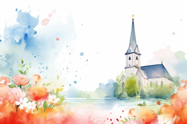 Carte de célébration de baptême avec aquarelle d'église simple générée par l'IA