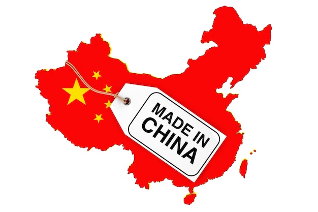 Carte de la Chine avec le drapeau et l'étiquette de vente Made in China sur fond blanc. Rendu 3D