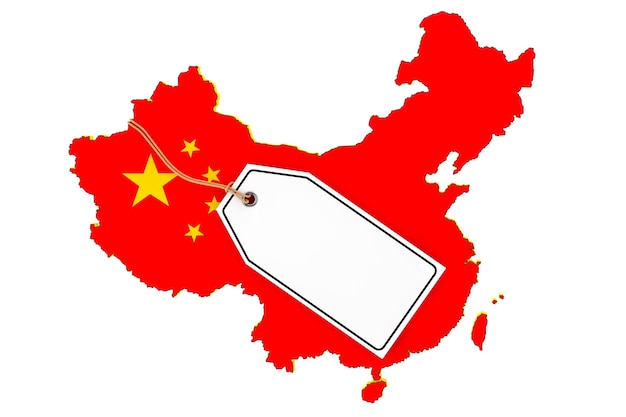 Carte de la Chine avec le drapeau et l'étiquette de vente vide sur un fond blanc. Rendu 3D