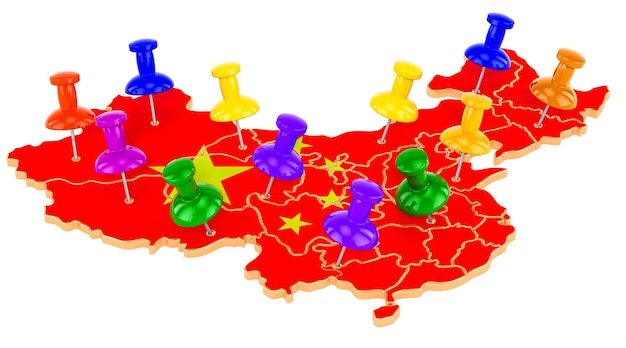 Carte de Chine avec rendu 3D de punaises colorées