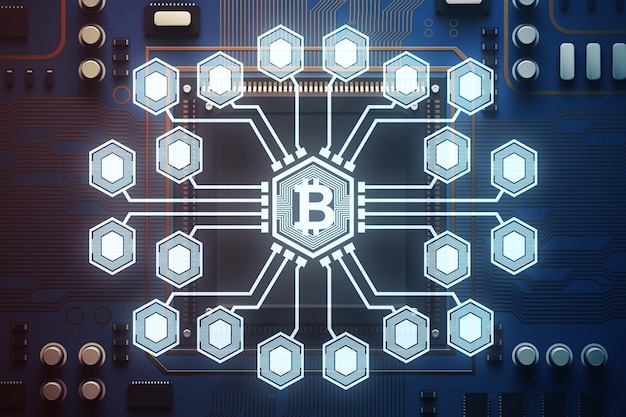 Photo la carte de circuit bleu du réseau bitcoin