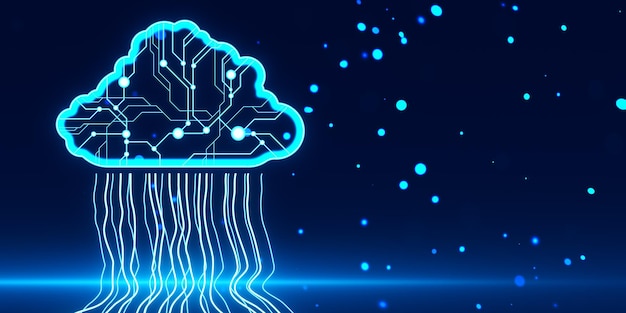 Une carte de circuit bleu vif en forme de cerveau représentant l'intelligence artificielle sur un fond bleu foncé avec des particules lumineuses Rendering 3D