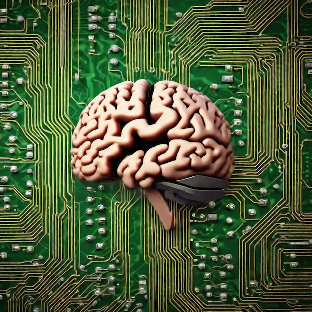 Photo une carte de circuit électronique avec un cerveau humain symbolisant une fusion de la technologie d'ia futuriste