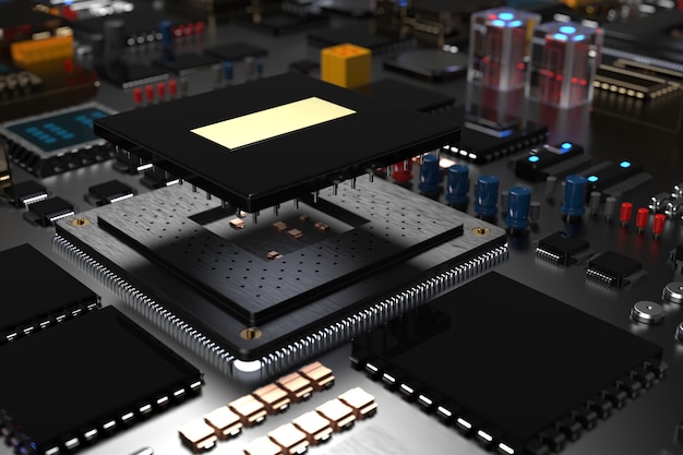 Carte de circuit imprimé avec micropuces, processeurs et autres pièces informatiques