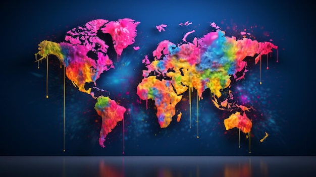 Une carte colorée du monde peinte sur un fond sombre