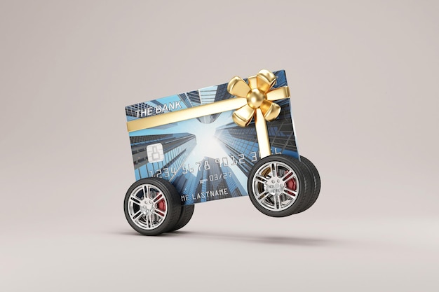 Carte de crédit cadeau sur roues avec arc d'or sur fond de studio