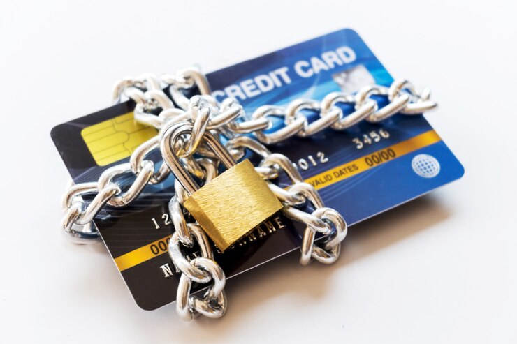 Carte de crédit avec chaîne et cadenas, concept commercial sécurisé