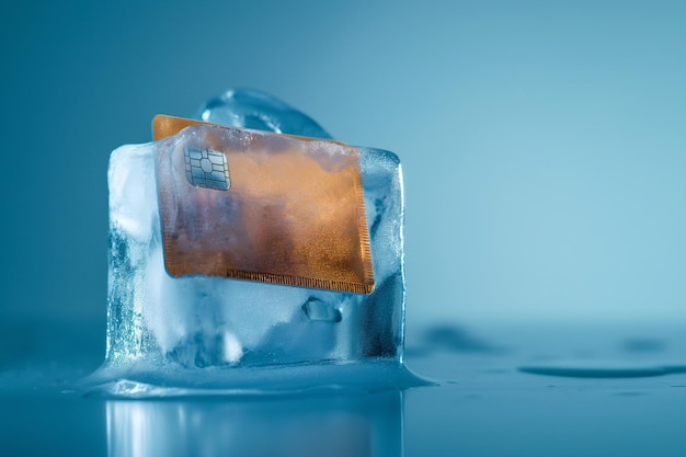 Photo carte de crédit gelée dans un cube de glace compte bancaire gelé fonds et actifs gelés monnaie indisponible la notion de faillite et de gel des capitaux restrictions de sortie de capitaux sanctions de risque de dépôt