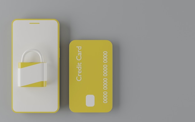 Carte de crédit jaune avec téléphone portable jaune et blanc et cadenas. Rendu 3D