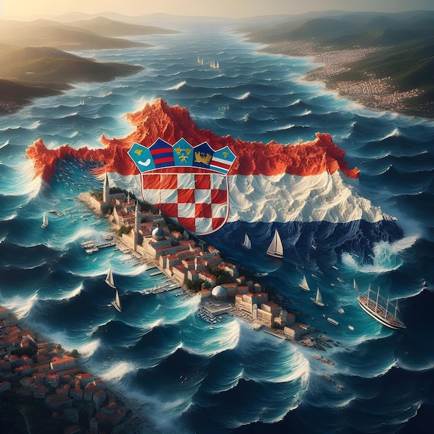 Photo carte de la croatie avec le drapeau du pays agité photo réaliste