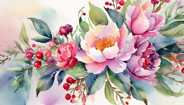 Une carte dessinée à la main avec des aquarelles colorées et de belles fleurs de printemps