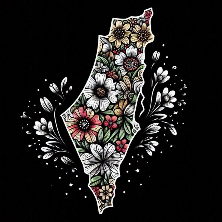 Carte avec le drapeau et les fleurs de la Palestine