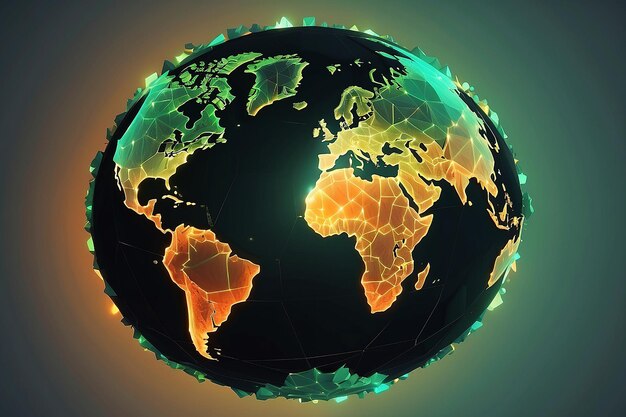 Carte du globe terrestre polygonal lumineux futuriste avec des taches orange et vertes