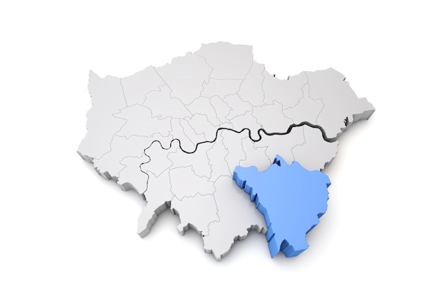 Carte du grand londres montrant l'arrondissement de bromley en rendu bleu d