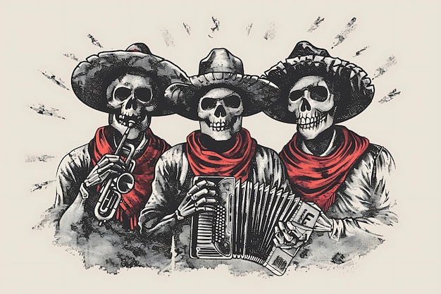 Carte du jour des morts avec des crânes de mariachis