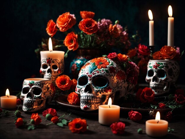 Photo carte du jour des morts avec fleurs de crâne et bougies