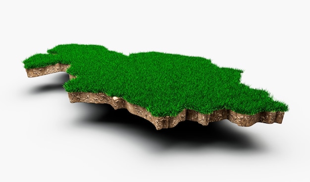 Carte du Kazakhstan coupe transversale de la géologie des terres du sol avec de l'herbe verte et de la texture du sol rocheux 3d