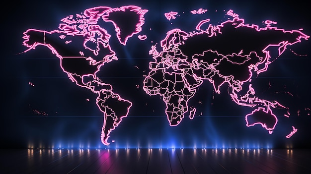 Carte du monde 2D avec ligne de néon IA générative