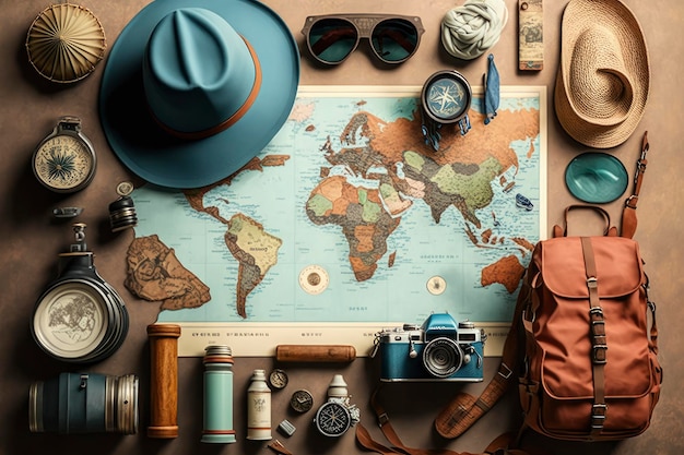 Une carte du monde avec un appareil photo et un chapeau dessus