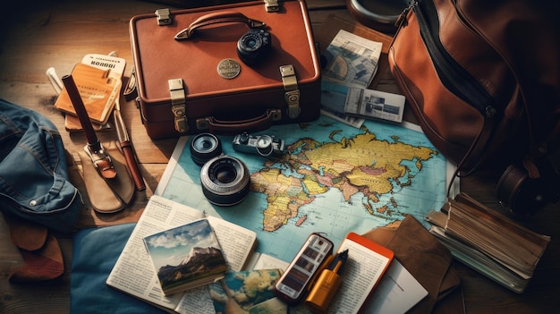 une carte du monde avec un appareil photo et un sac de livres au-dessus.