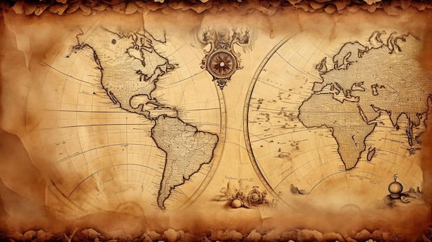 Une carte du monde avec une boussole dessus