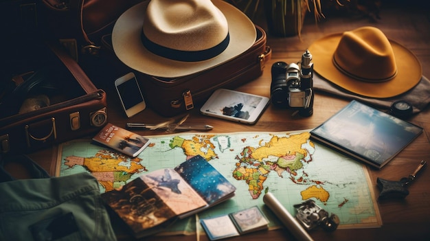 Photo une carte du monde avec un chapeau et une carte du monde.