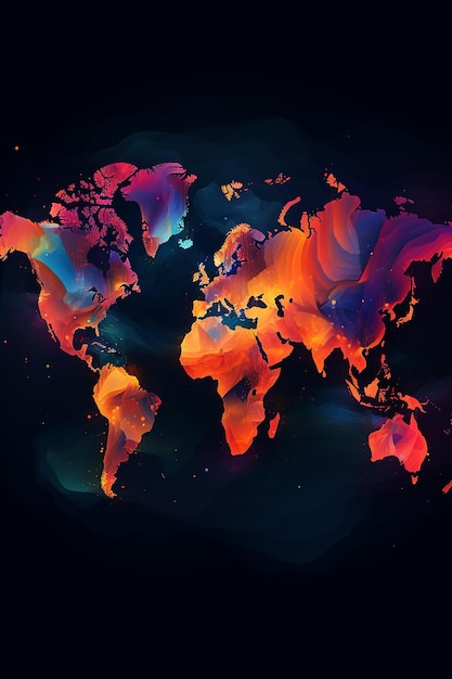 Une carte du monde colorée avec un fond noir