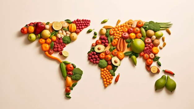 Photo carte du monde composée de fruits et légumes sur un fond blanc ia générative
