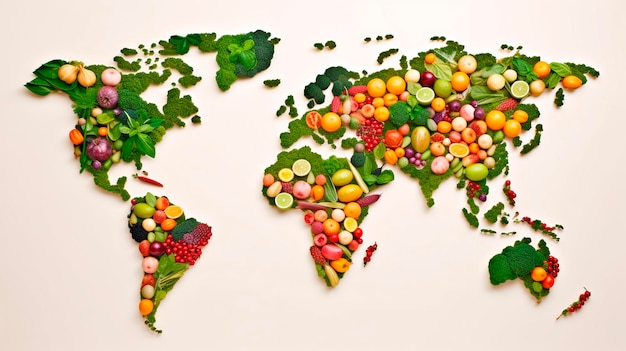 Carte du monde composée de fruits et légumes sur un fond blanc IA générative